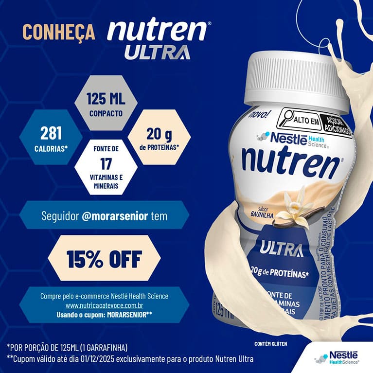 Conheça Nutren Ultra com 20 gramas de proteínas, 281 calorias, fonte de 17 vitaminas e minerais, 125 ml compacto. Utilize o cupom com 15% de desconto: MORARSENIOR**. Compre pelo e-commerce oficial de Nestlé Health Science.