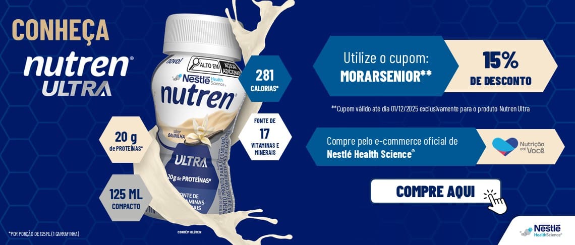 Conheça Nutren Ultra com 20 gramas de proteínas, 281 calorias, fonte de 17 vitaminas e minerais, 125 ml compacto. Utilize o cupom com 15% de desconto: MORARSENIOR**. Compre pelo e-commerce oficial de Nestlé Health Science.